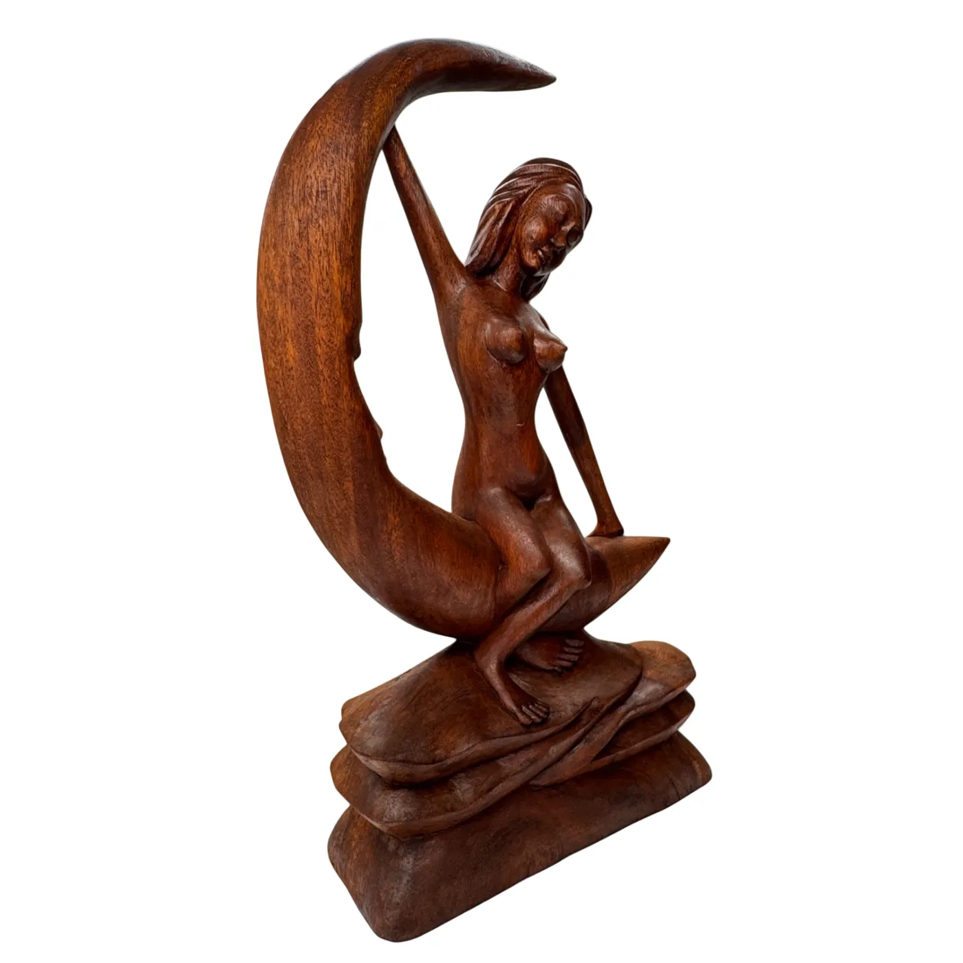 Houten decoratie beeld - meisje op maan - handgesneden