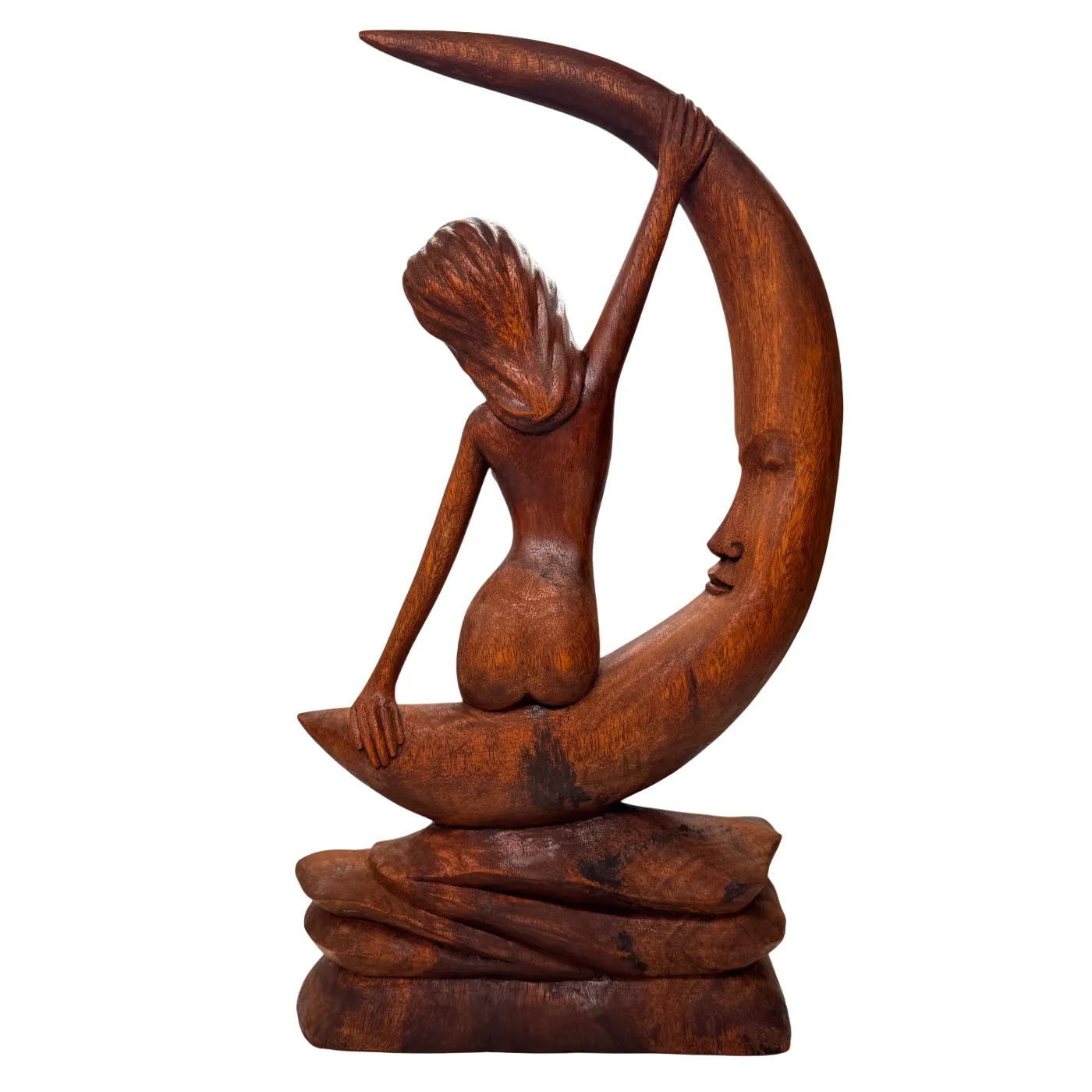 Houten decoratie beeld - meisje op maan - handgesneden