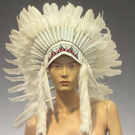 Coiffe indienne longue - blanche avec perles colorées