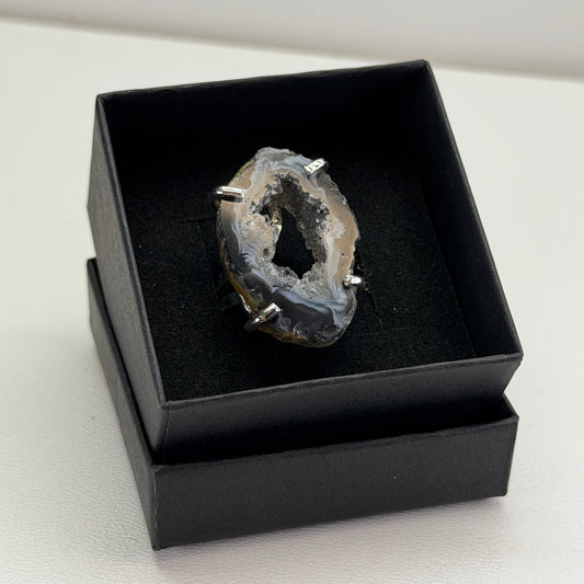 Agaat Geode Ring (donker) – Verstelbaar – Zilver plated