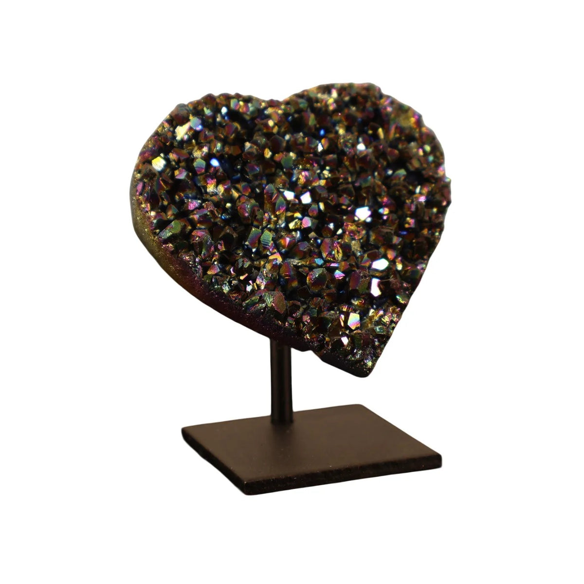 Petit Cœur en Quartz Titane Arc-en-ciel sur Socle
