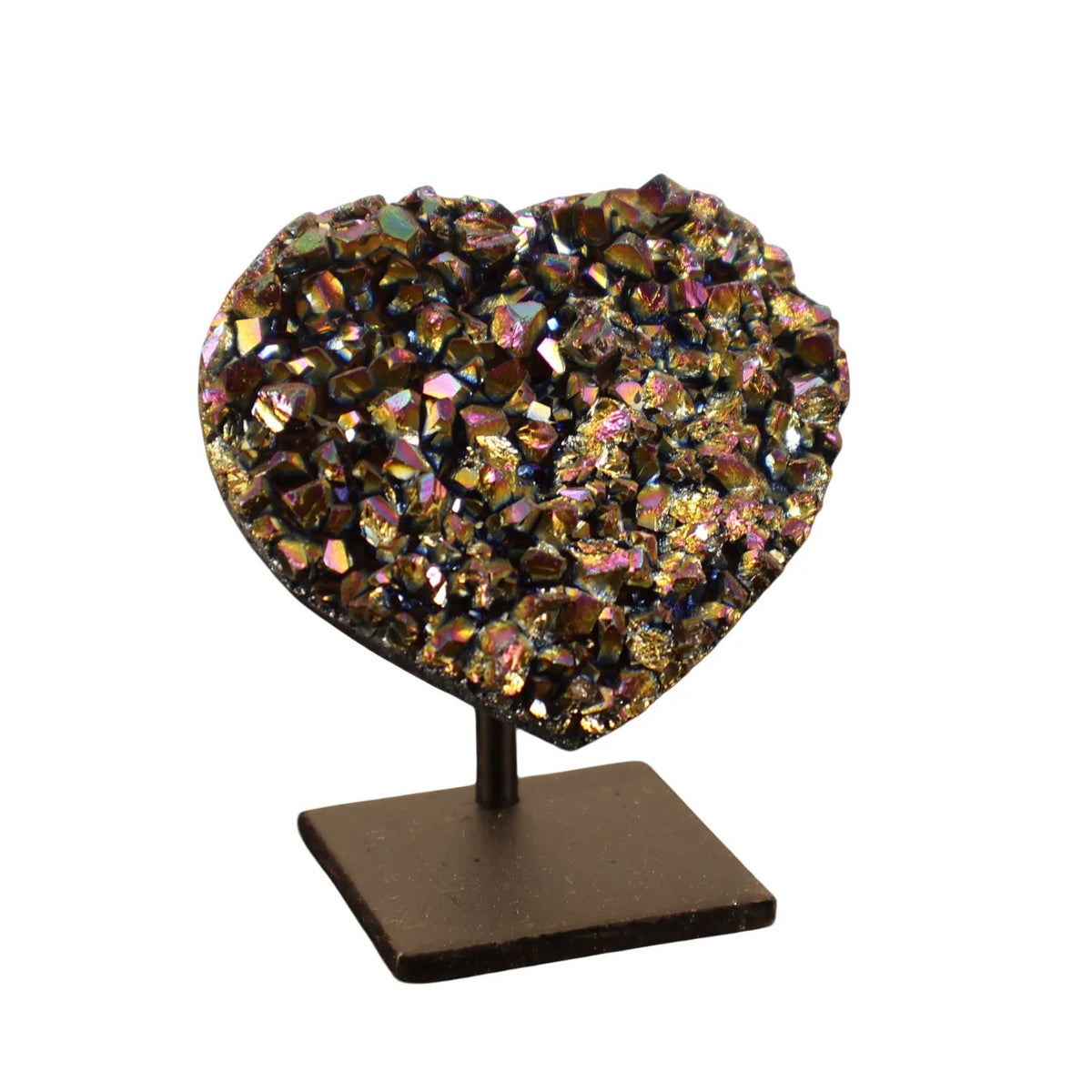 Petit Cœur en Quartz Titane Arc-en-ciel sur Socle