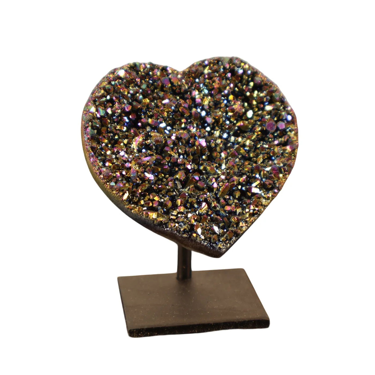 Petit Cœur en Quartz Titane Arc-en-ciel sur Socle