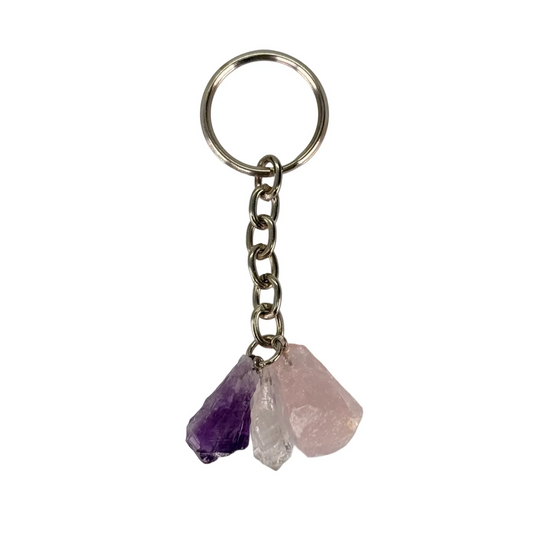Gouden driehoek edelsteen sleutelhanger - amethist/bergkristal/rozenkwarts