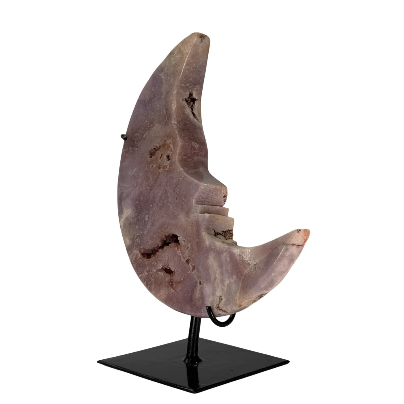 lune en améthyste rose avec visage sur support