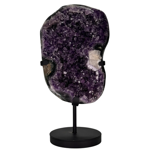 Luxe amethist op zwarte metalen standaard – met calciet & mosagaat (Uruguay)