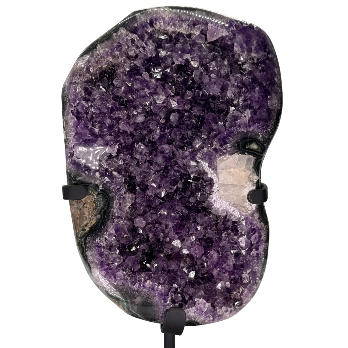 Luxe amethist op zwarte metalen standaard – met calciet & mosagaat (Uruguay)