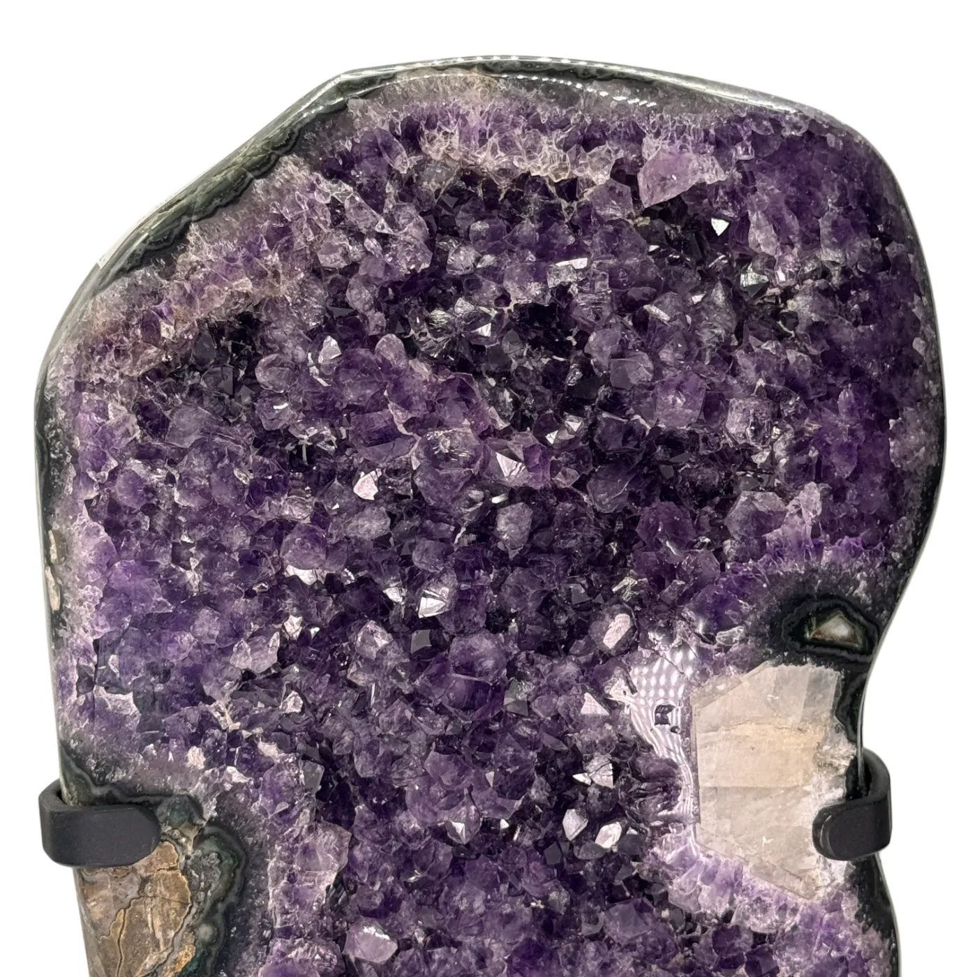 Luxe amethist op zwarte metalen standaard – met calciet & mosagaat (Uruguay)