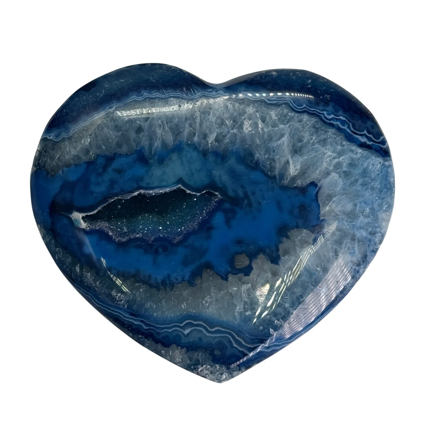 Agaat in hartvorm blauw , afkomstig uit Brazilië.